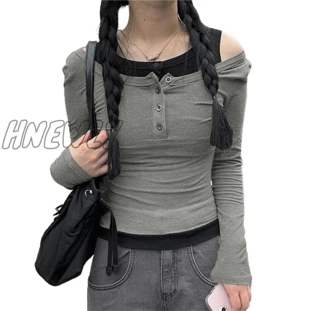 Hnewly Contrast Crop Top Y2K Aesthetic Women Grunge Cold Shoulder Round Neck Long Sleeve T Shirt
