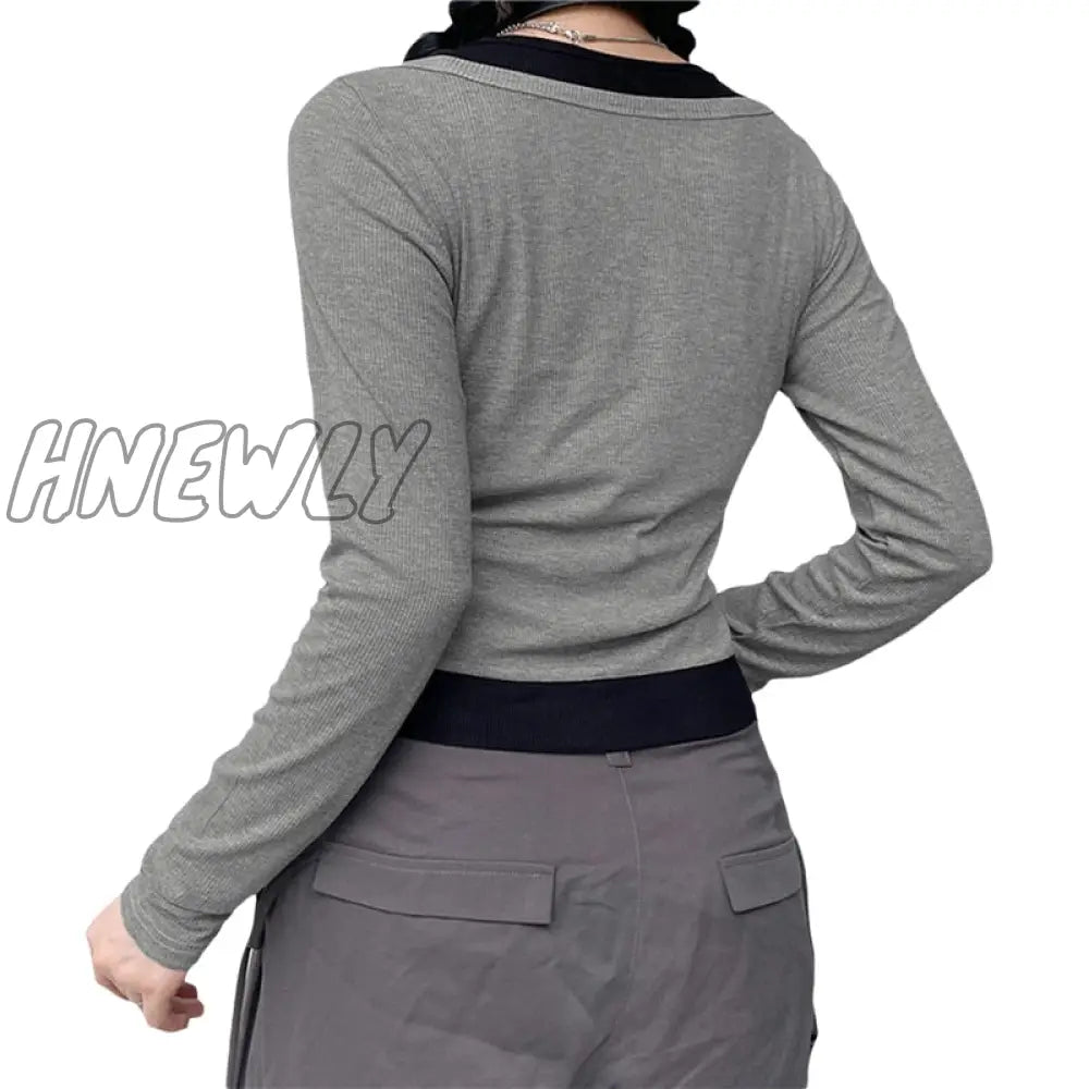 Hnewly Contrast Crop Top Y2K Aesthetic Women Grunge Cold Shoulder Round Neck Long Sleeve T Shirt