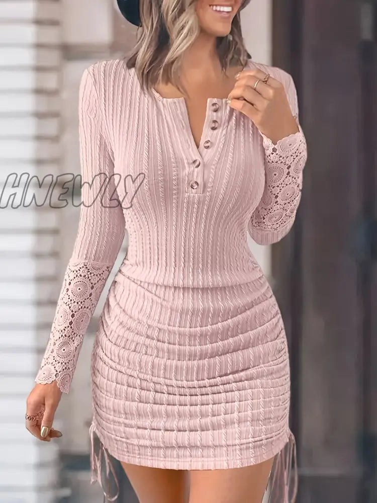 Hnewly Contrast Lace Half Button Dress Elegant Long Sleeve Drawstring Bodycon Women’s Clothing
