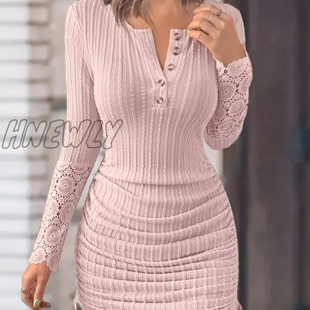 Hnewly Contrast Lace Half Button Dress Elegant Long Sleeve Drawstring Bodycon Women’s Clothing