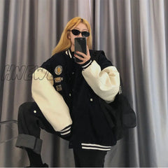 Hnewly Contrasting Color Stitching Baseball Uniform Women Couple Students Spring Autumn New Retro