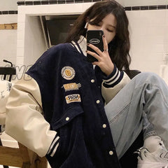 Hnewly Contrasting Color Stitching Baseball Uniform Women Couple Students Spring Autumn New Retro