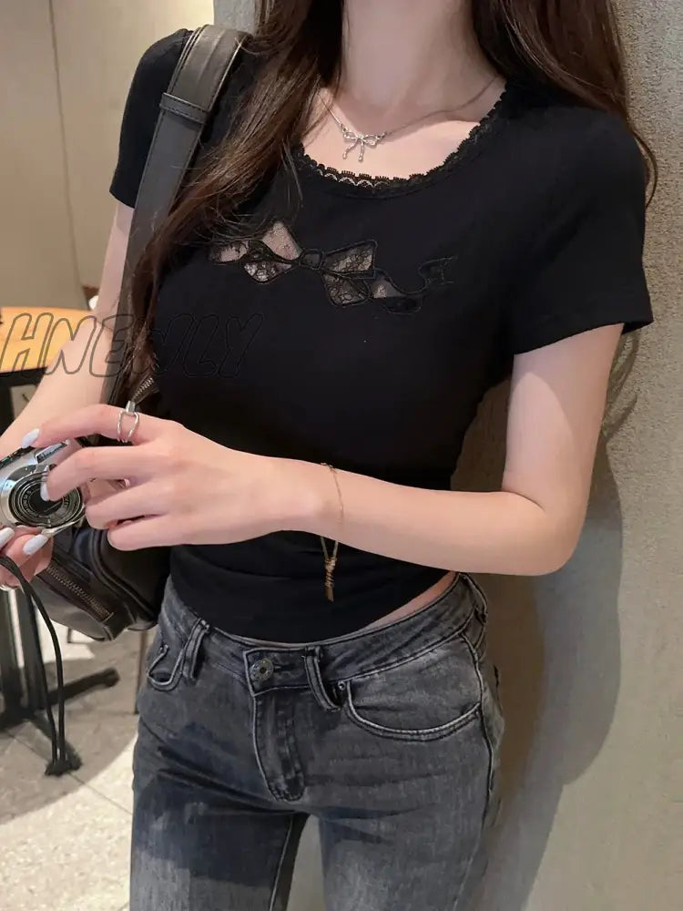 Deeptown Coquette Lace Crop T Shirts Women Sweet Girl White Bow Hollow Tees Aesthetic Korean