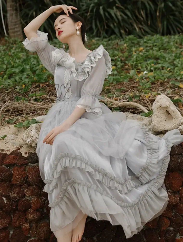 Hnewly Cottage Style Gray Lace Fairy Dress Summer Vintage Royal Flare Sleeve Square Collar Gorgeous