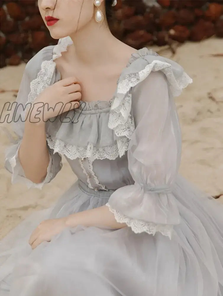 Hnewly Cottage Style Gray Lace Fairy Dress Summer Vintage Royal Flare Sleeve Square Collar Gorgeous