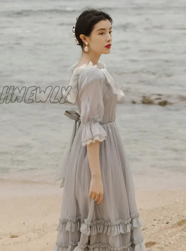 Hnewly Cottage Style Gray Lace Fairy Dress Summer Vintage Royal Flare Sleeve Square Collar Gorgeous