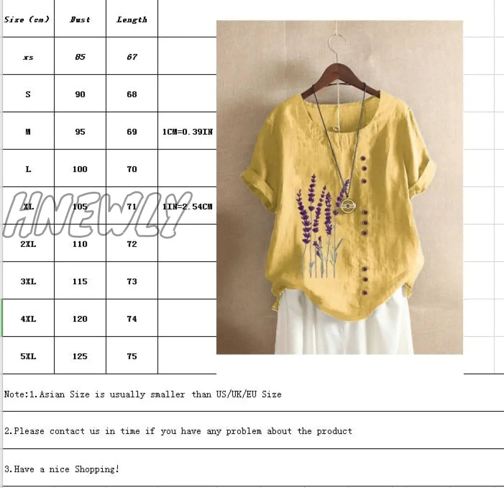 Hnewly Cotton And Linen Printed T Shirt Tops For Women Summer Loose Lavender Shirts Trendy Fits
