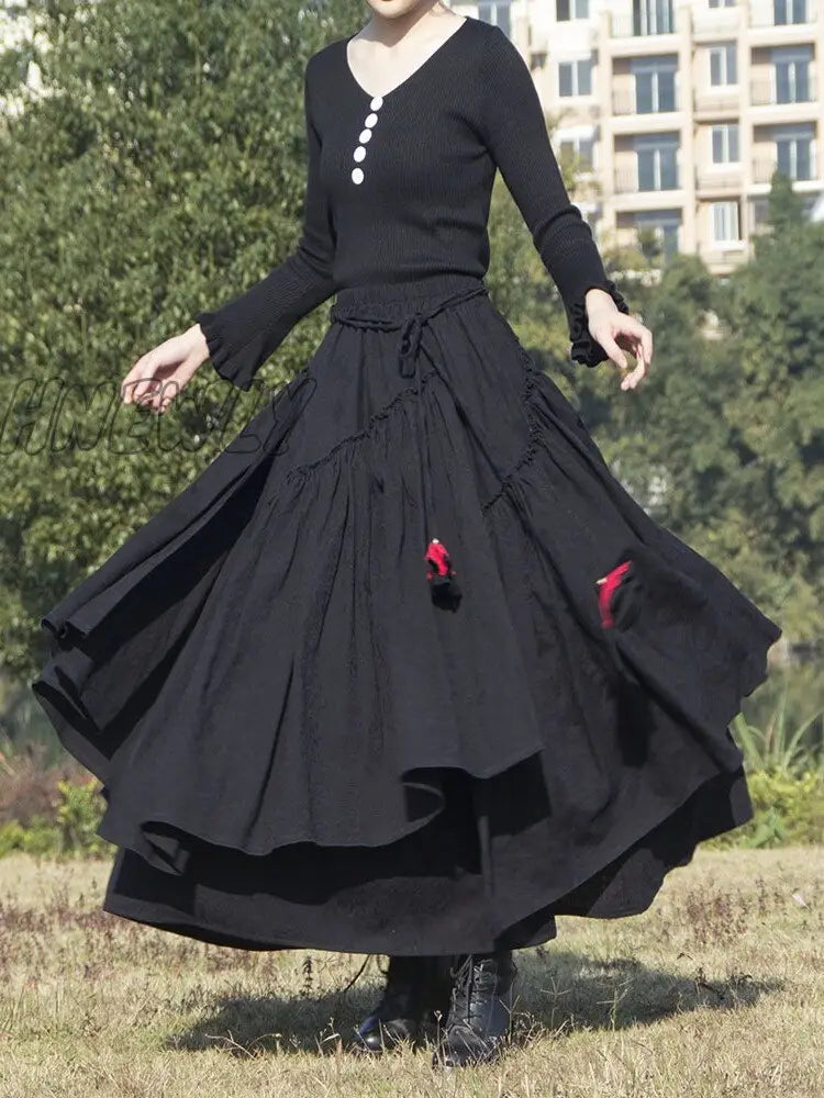Hnewly Cotton Linen Women Medieval Skirt Solid Retro Ethnic Style Irregular Hem Ball Gown Muslim