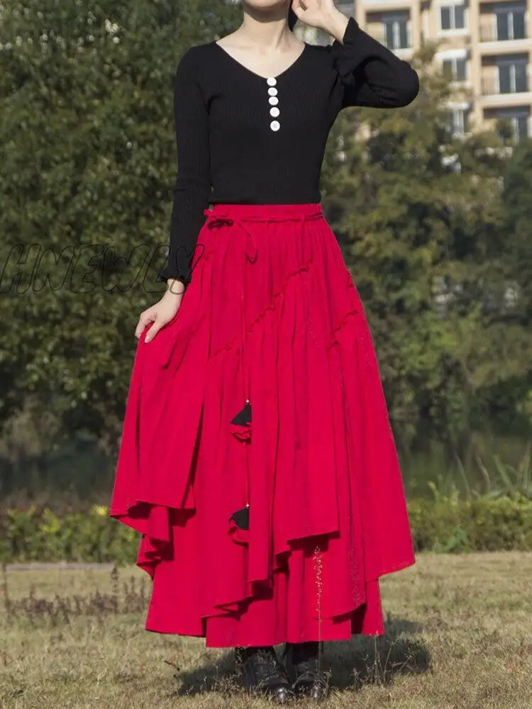 Hnewly Cotton Linen Women Medieval Skirt Solid Retro Ethnic Style Irregular Hem Ball Gown Muslim