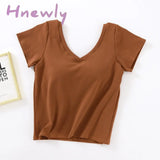 Hnewly Cotton Short-Sleeve T-Shirt Chest Pads Women’s Summer One-Piece Sleep Tops V-Neck Outer