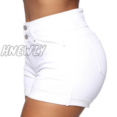 Hnewly Cotton Stretchy High Waist Jean Shorts Woman Summer Casual Sweat With Pocket Zipper White