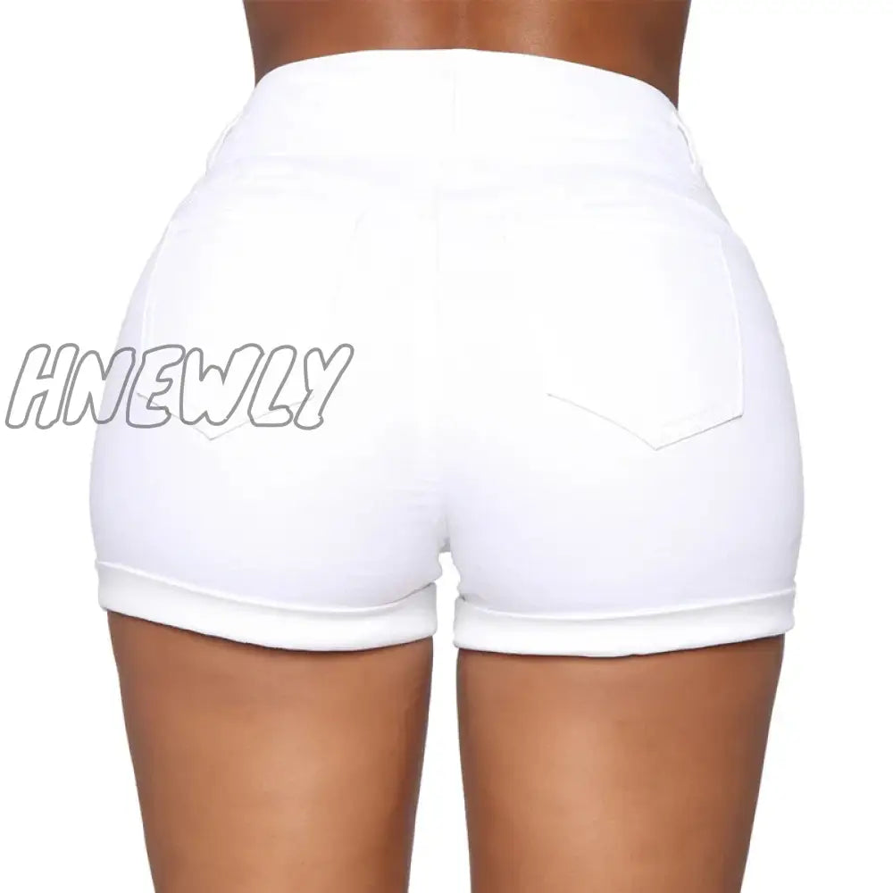 Hnewly Cotton Stretchy High Waist Jean Shorts Woman Summer Casual Sweat With Pocket Zipper White