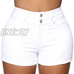Hnewly Cotton Stretchy High Waist Jean Shorts Woman Summer Casual Sweat With Pocket Zipper White