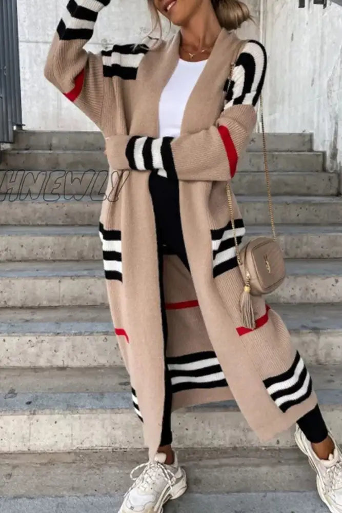 Hnewly - Cream White Casual Striped Patchwork Cardigan Collar Outerwear Camel / S Coats