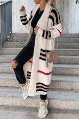 Hnewly - Cream White Casual Striped Patchwork Cardigan Collar Outerwear Coats