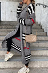 Hnewly - Cream White Casual Striped Patchwork Cardigan Collar Outerwear Coats