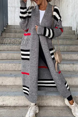 Hnewly - Cream White Casual Striped Patchwork Cardigan Collar Outerwear Coats