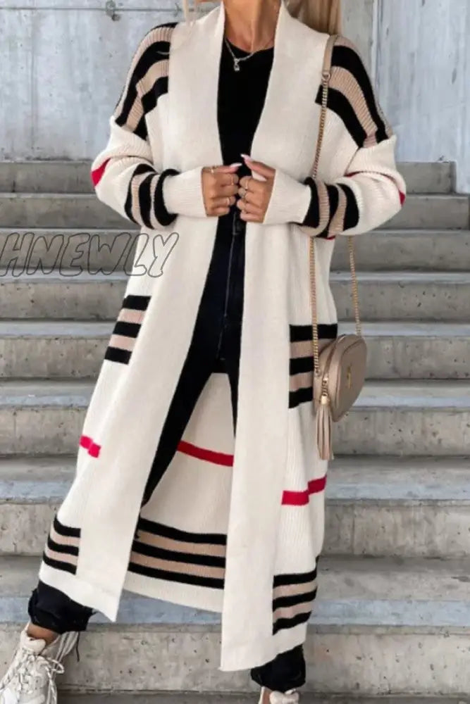 Hnewly - Cream White Casual Striped Patchwork Cardigan Collar Outerwear Coats
