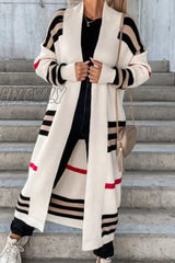 Hnewly - Cream White Casual Striped Patchwork Cardigan Collar Outerwear Coats