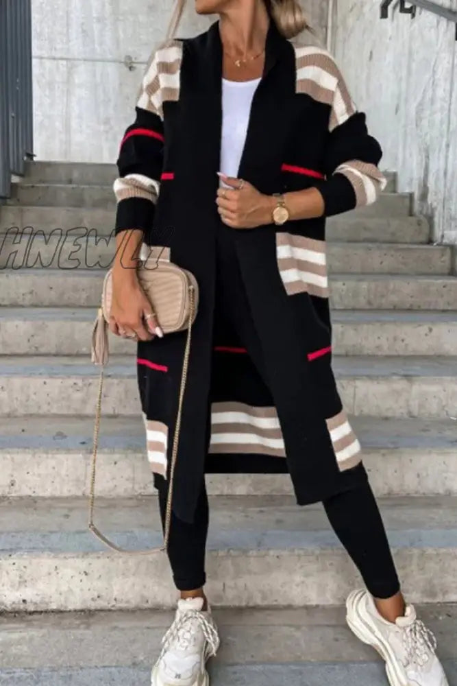 Hnewly - Cream White Casual Striped Patchwork Cardigan Collar Outerwear Coats