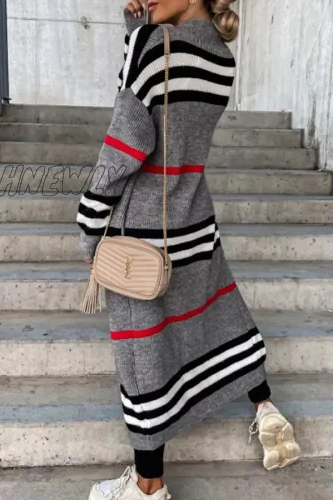 Hnewly - Cream White Casual Striped Patchwork Cardigan Collar Outerwear Coats