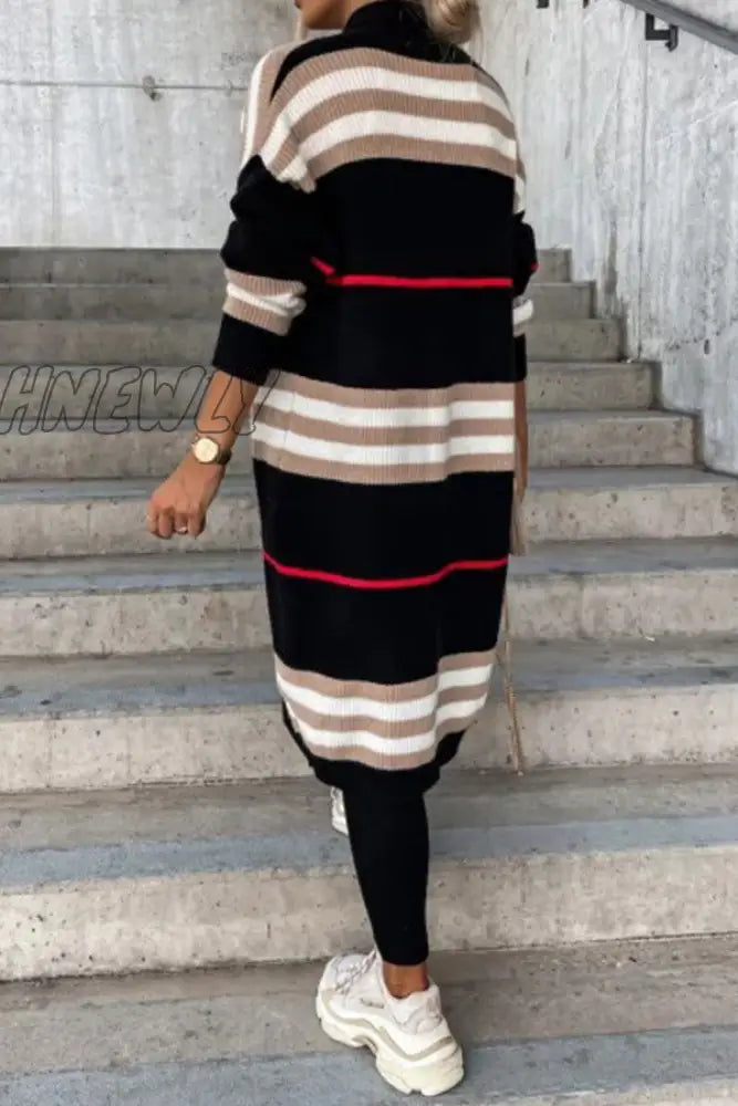 Hnewly - Cream White Casual Striped Patchwork Cardigan Collar Outerwear Coats