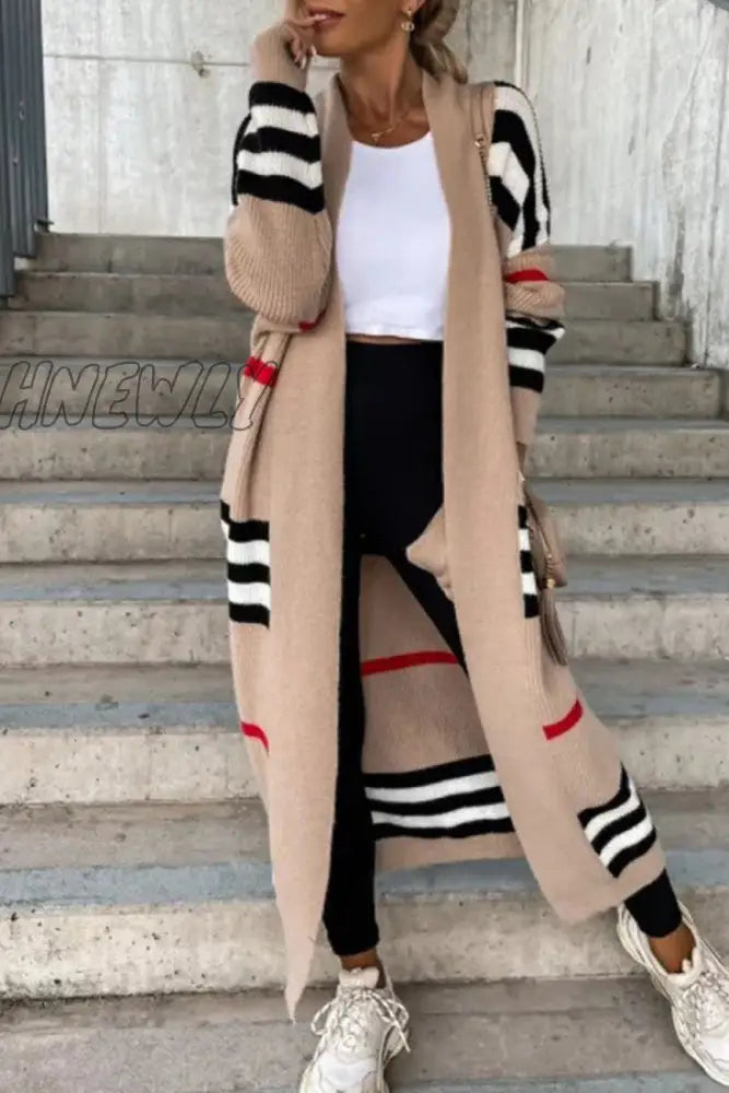 Hnewly - Cream White Casual Striped Patchwork Cardigan Collar Outerwear Coats