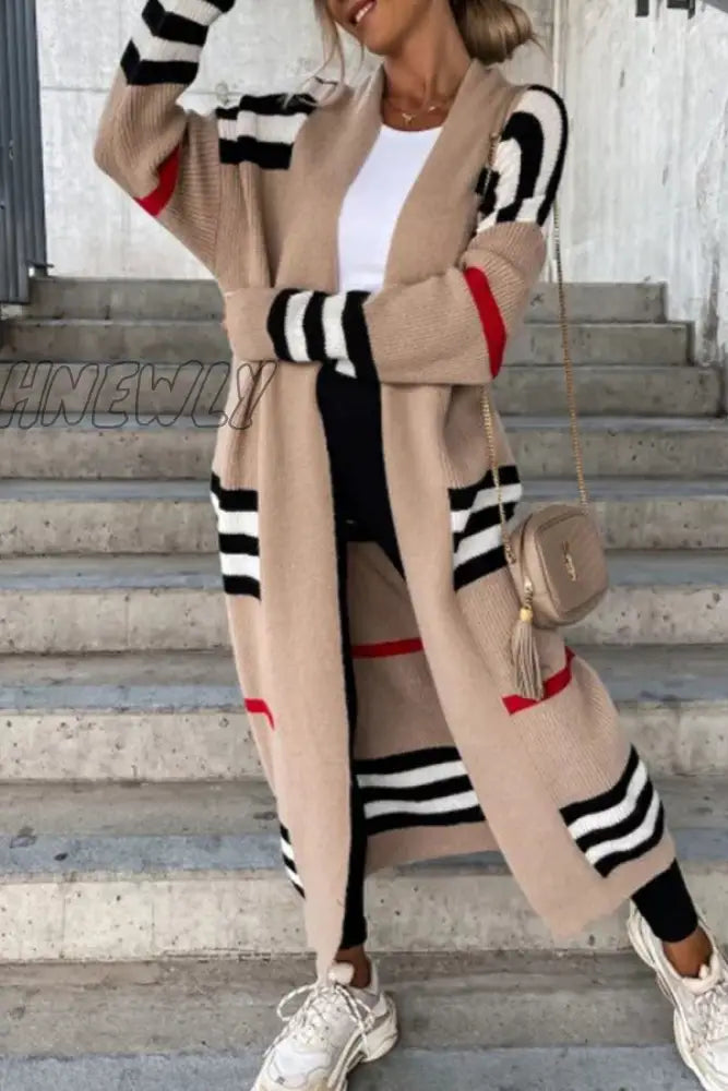 Hnewly - Cream White Casual Striped Patchwork Cardigan Collar Outerwear Coats