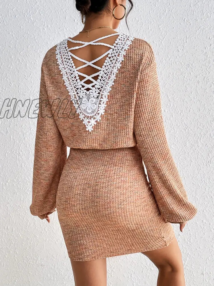 Hnewly Criss Cross Bodycon Dress Casual V Neck Long Sleeve Women’s Clothing