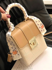 Hnewly - Crocodile Embossed Twilly Scarf Decor Square Bag Women Satchels Khaki Women-Satchels
