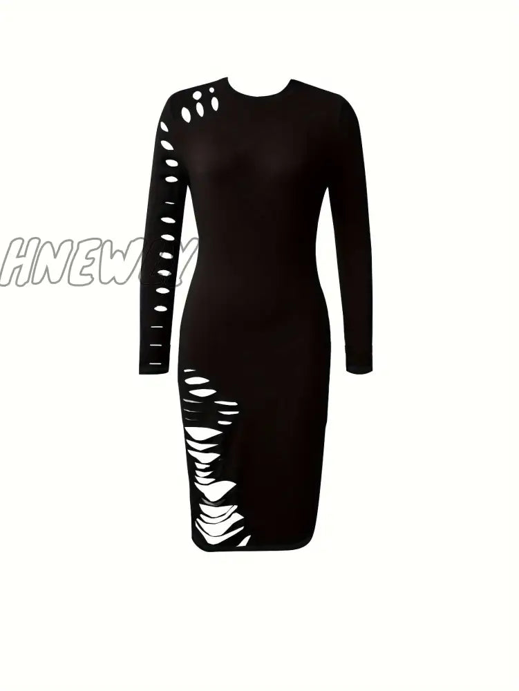Hnewly Cut Out Bodycon Dress Sexy Crew Neck Long Sleeve Women’s Clothing