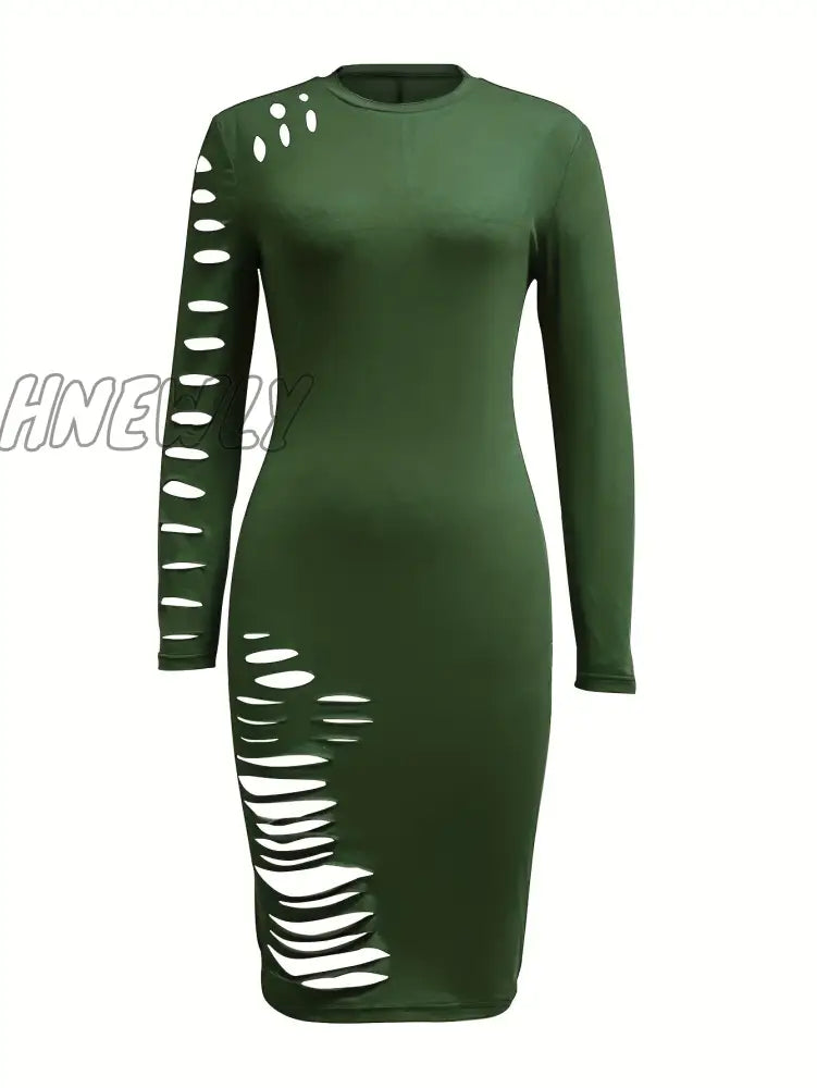 Hnewly Cut Out Bodycon Dress Sexy Crew Neck Long Sleeve Women’s Clothing