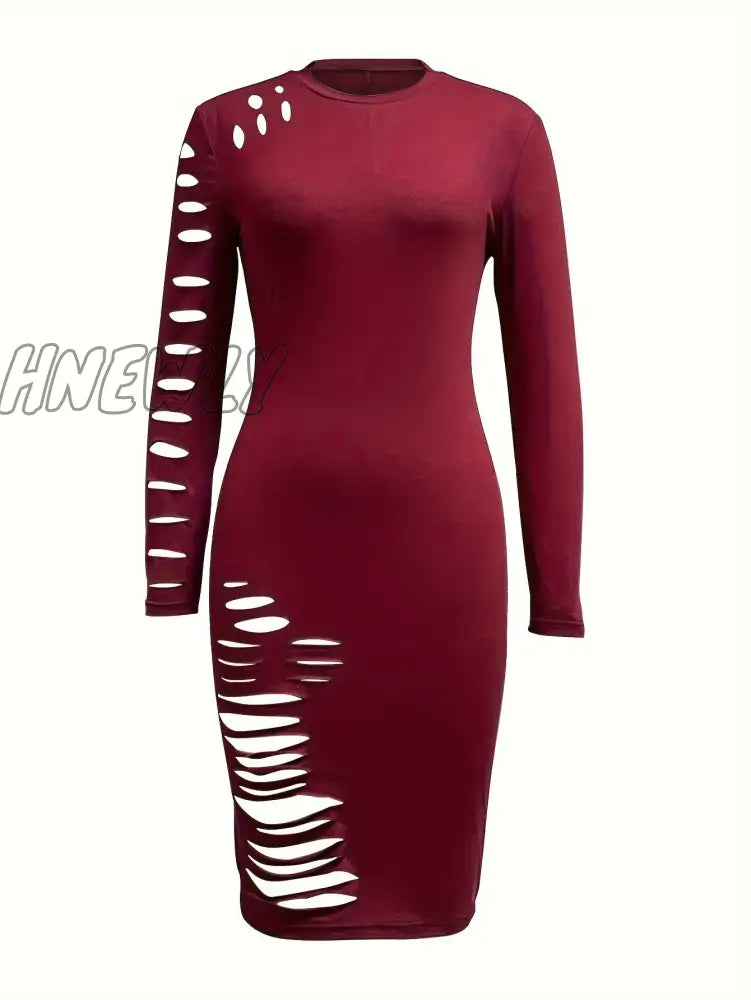 Hnewly Cut Out Bodycon Dress Sexy Crew Neck Long Sleeve Women’s Clothing