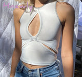 Hnewly Cut Out Tank Top Sleeveless Front Hole Sexy Patchwork Crop Women Vest Cotton Fashion Y2K