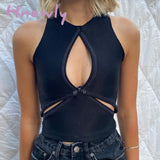 Hnewly Cut Out Tank Top Sleeveless Front Hole Sexy Patchwork Crop Top Women Vest Cotton Fashion Y2K Hollow Out Vest Streetwear