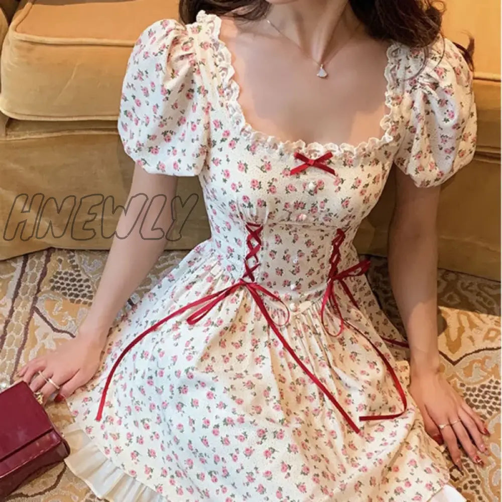 Hnewly Cute Florals Dress Women Vintage Cottagecore Y2K Puff Sleeve Square Collar Lace-Up High