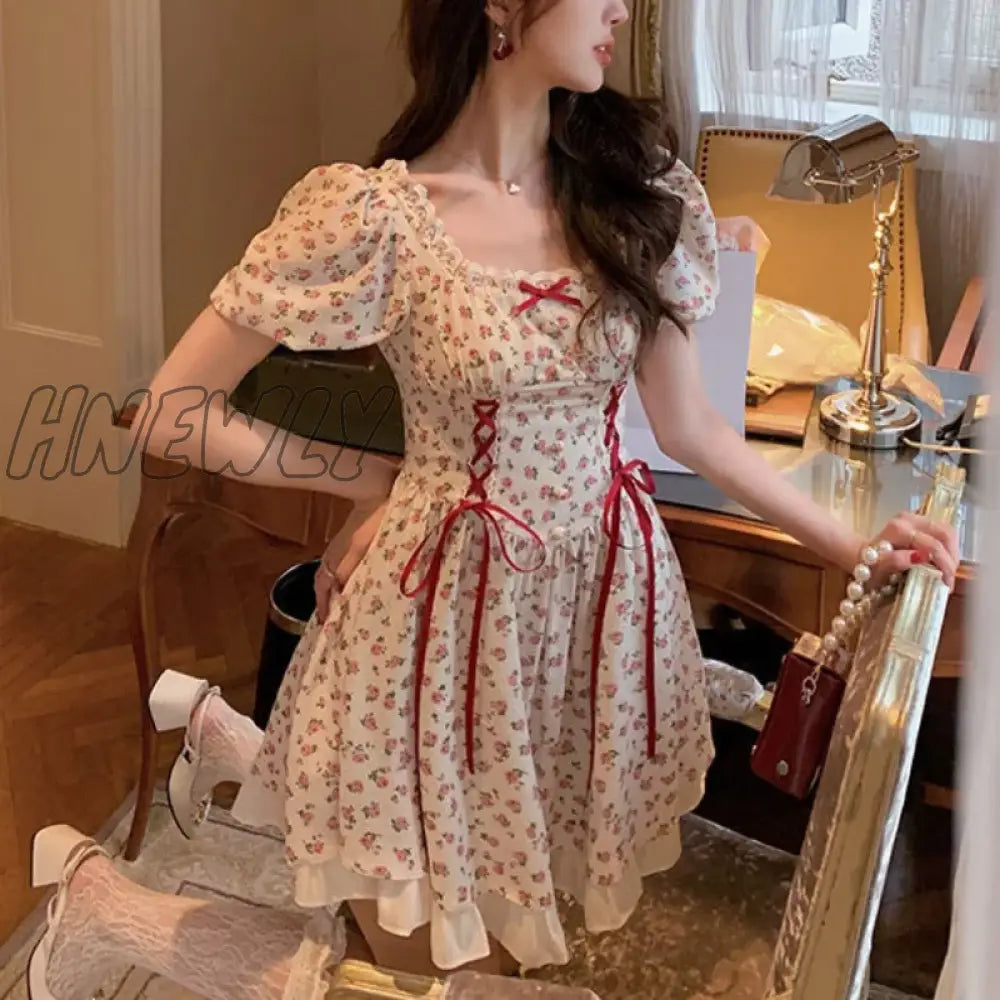 Hnewly Cute Florals Dress Women Vintage Cottagecore Y2K Puff Sleeve Square Collar Lace-Up High