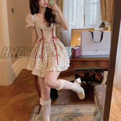 Hnewly Cute Florals Dress Women Vintage Cottagecore Y2K Puff Sleeve Square Collar Lace-Up High
