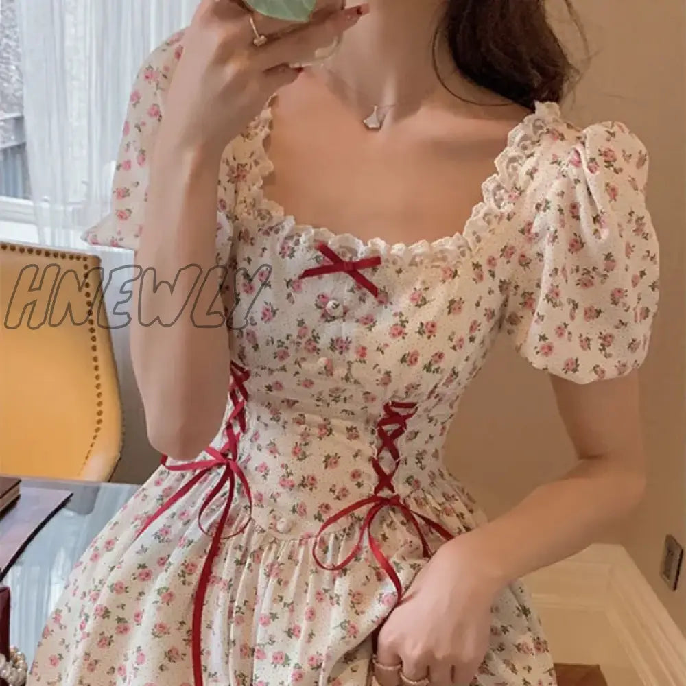 Cute Florals Dress Women Vintage Cottagecore Y2k Puff Sleeve Square Collar Lace-up High Waist Corset Dress Female