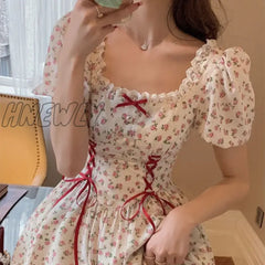 Cute Florals Dress Women Vintage Cottagecore Y2k Puff Sleeve Square Collar Lace-up High Waist Corset Dress Female