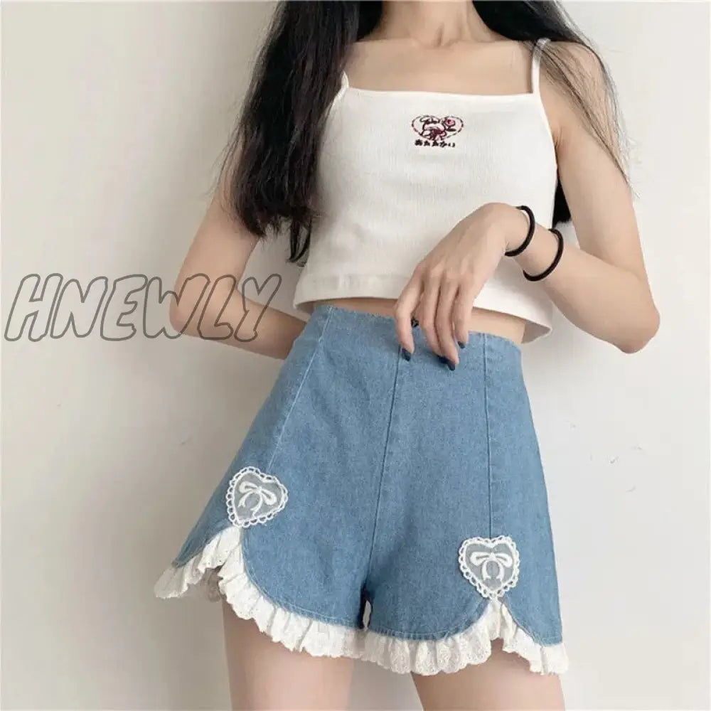 Hnewly Cute Lolita Girls Denim Shorts Japanese Sweet High Waist Lace Irregular Women’s S-4Xl