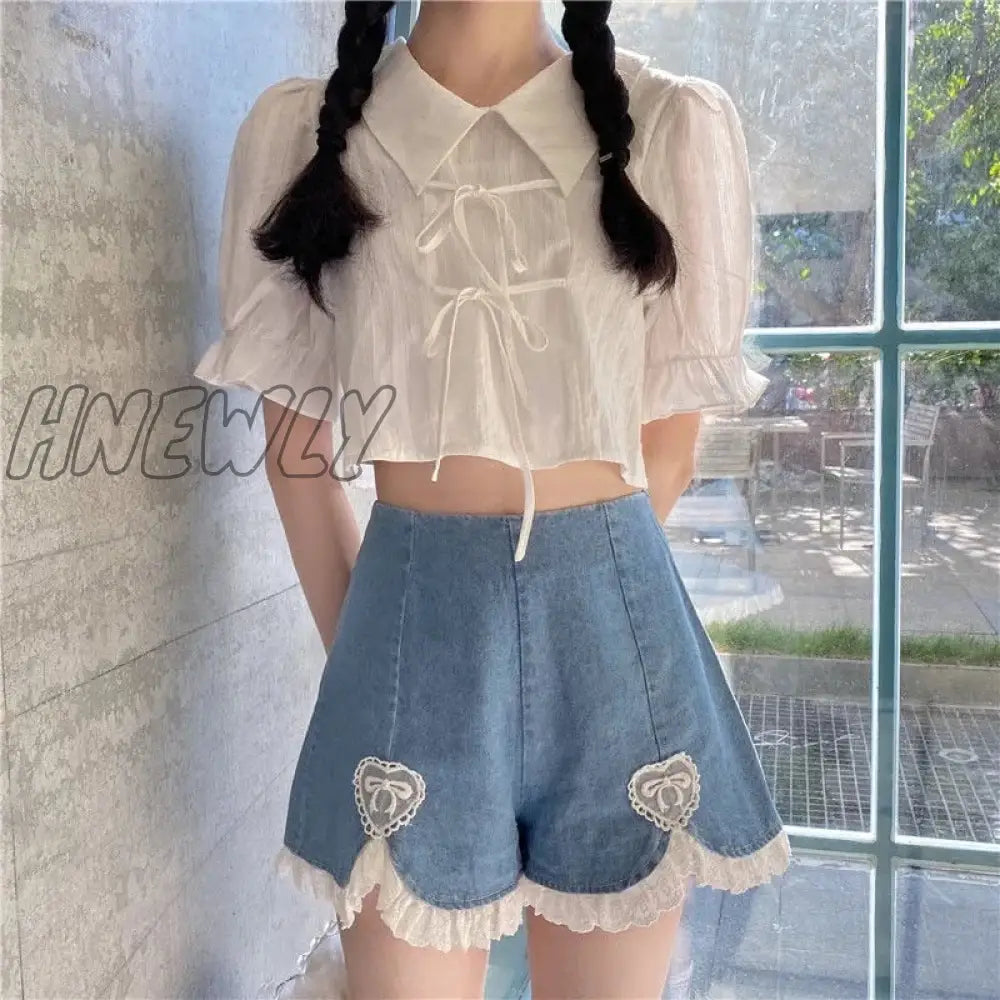 Hnewly Cute Lolita Girls Denim Shorts Japanese Sweet High Waist Lace Irregular Women’s S-4Xl