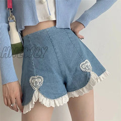 Hnewly Cute Lolita Girls Denim Shorts Japanese Sweet High Waist Lace Irregular Women’s S-4Xl