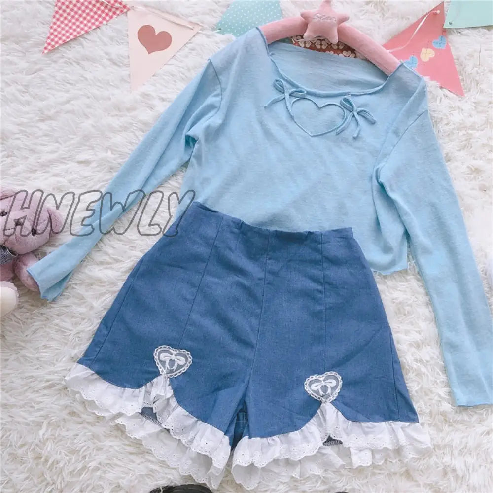 Hnewly Cute Lolita Girls Denim Shorts Japanese Sweet High Waist Lace Irregular Women’s S-4Xl