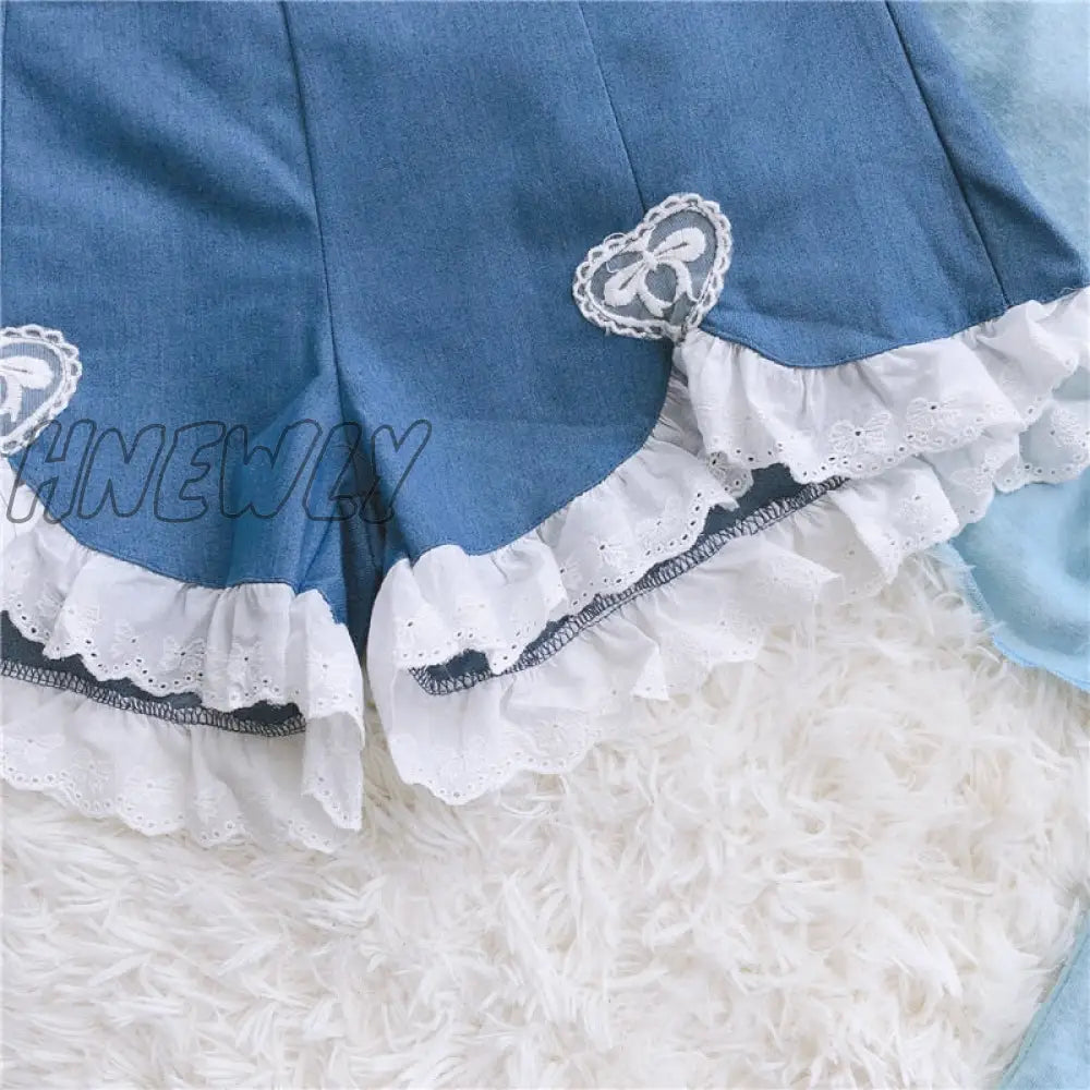 Hnewly Cute Lolita Girls Denim Shorts Japanese Sweet High Waist Lace Irregular Women’s S-4Xl