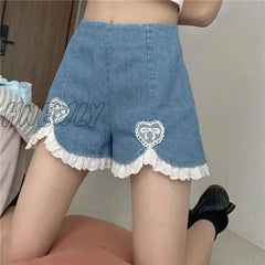 Hnewly Cute Lolita Girls Denim Shorts Japanese Sweet High Waist Lace Irregular Women’s S-4Xl