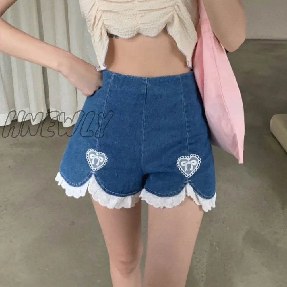 Hnewly Cute Lolita Girls Denim Shorts Japanese Sweet High Waist Lace Irregular Women’s S-4Xl