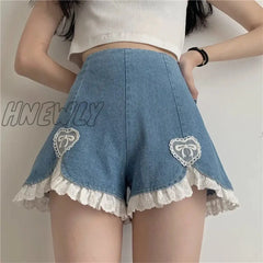 Hnewly Cute Lolita Girls Denim Shorts Japanese Sweet High Waist Lace Irregular Women’s S-4Xl