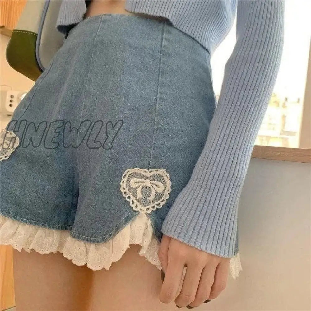 Hnewly Cute Lolita Girls Denim Shorts Japanese Sweet High Waist Lace Irregular Women’s S-4Xl
