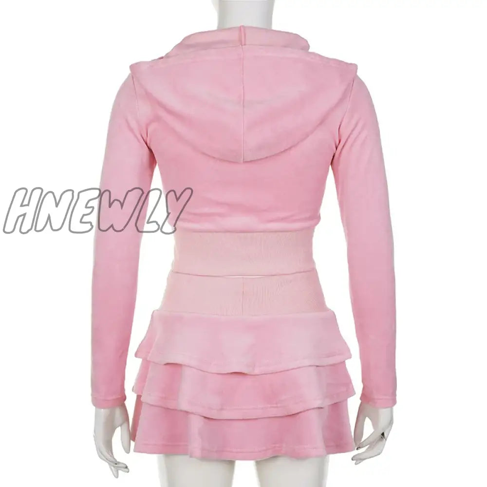Hnewly Cutecore Sweet Pink Velour Autumn Skirt Women Korean Shirring High Waist A-Line Skirts Mini